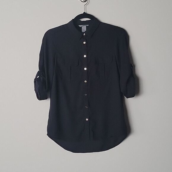 H&M Black 4 S Chiffon Minimalist Button Down Office Modest Prep Shirt Blouse Top - Picture 1 of 7